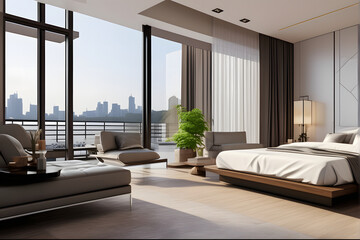 modern bed and sofa in room, interior design