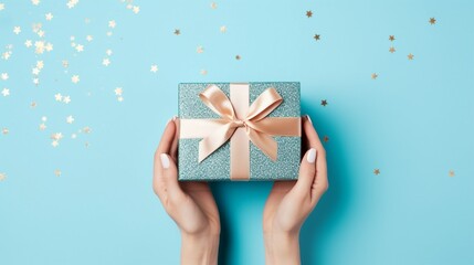 Elegant Hands Creating Festive Magic: Craft Paper Giftbox with Blue Satin Ribbon Bow, Sequins, and Blank Space on Pastel Blue Background – Perfect for Celebrations and Special Occasions!