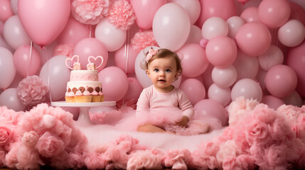 A One year old baby girl birthday party anniversary with backdrop