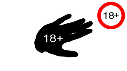 18+ age restriction sign, hand showing restriction,  black isolated silhouette
