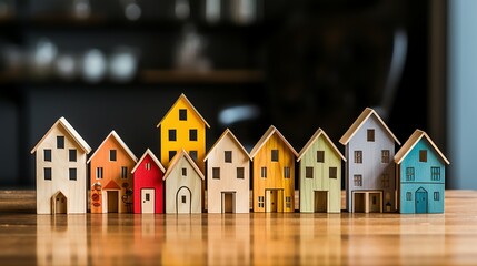 colorful wooden house models on a wooden table