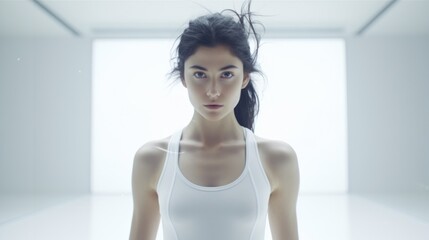girl in a white room doing sports online Generative AI