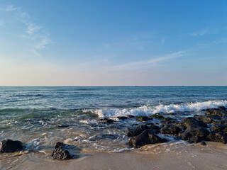 Fototapeta na wymiar This is Gwakji Beach in Jeju Island, which has basalt rocks.