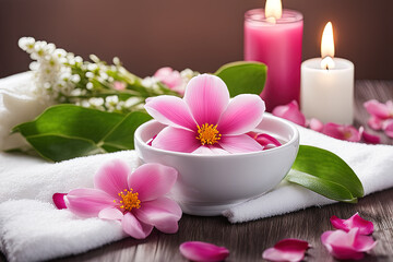 Fototapeta na wymiar Spa pink flower bowl water petals depilation wax candle