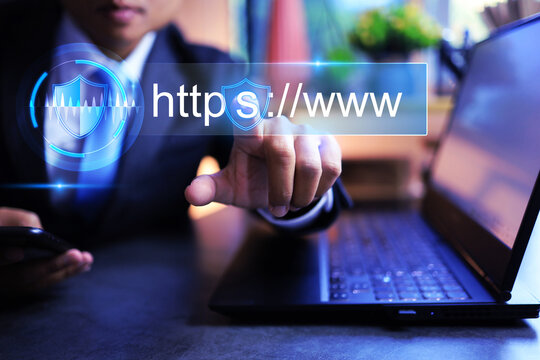 Businessman touch on security https www choosing a domain type is more secure to increase security for website and encrypted communication protocol using asymmetric algorithm