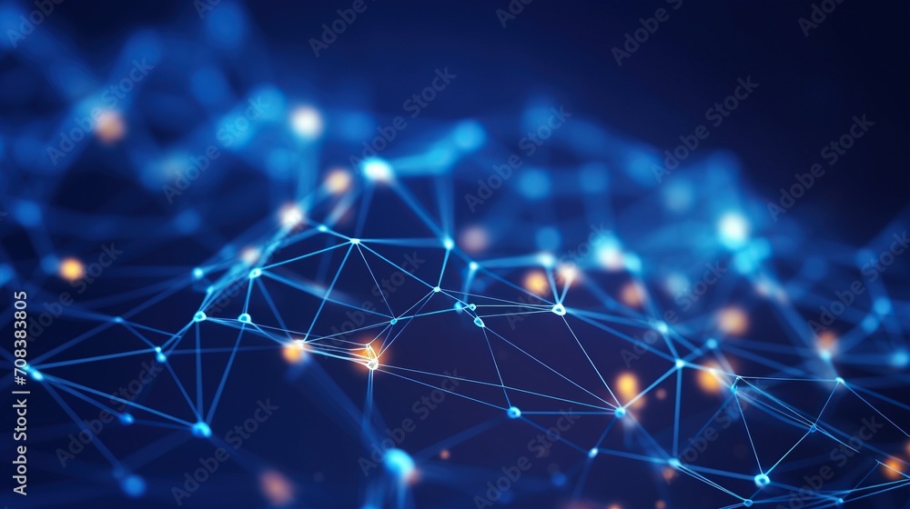 Poster complex blue network mesh pattern representing connectivity and data technology on a dark backdrop.