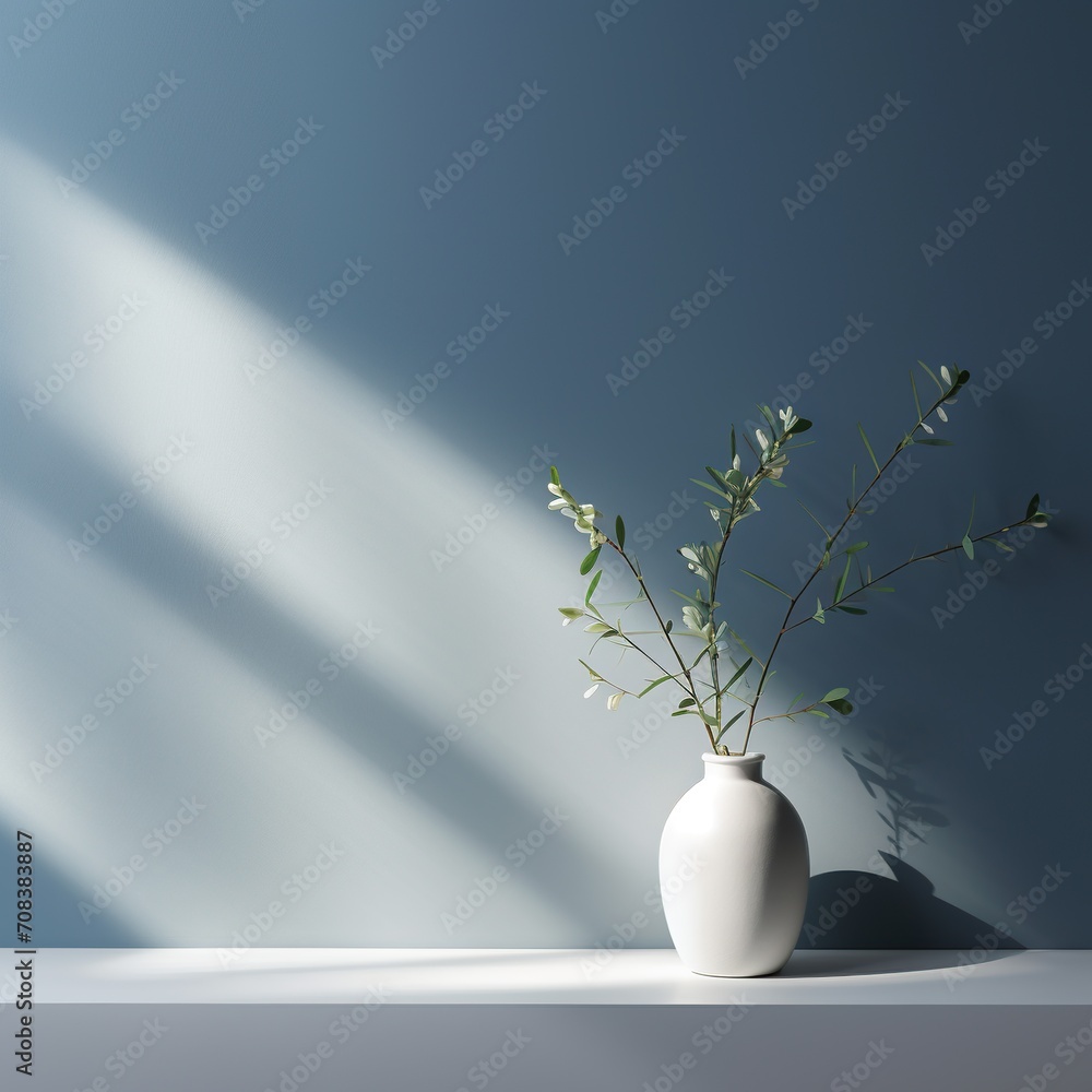 Poster a simplistic setup featuring a white vase with green branches against a blue background with light r