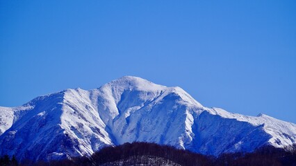 新潟県湯沢町から見た快晴の日の冬の谷川連峰の望遠写真