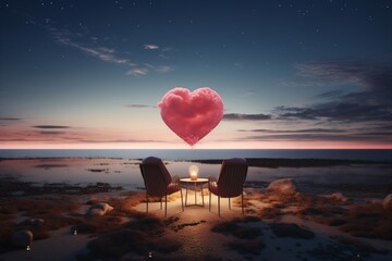 Romantic dinner table with two chairs on a beach - obrazy, fototapety, plakaty