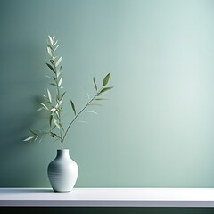 A serene composition with a single olive branch in a textured vase against a soothing teal backdrop. - obrazy, fototapety, plakaty