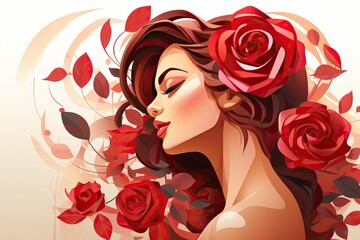 Romantic Floral Illustration Young Woman and Rose Bouquet 