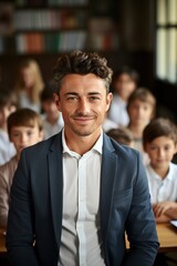 Fototapeta premium Confident male teacher with curly hair in classroom ofå°å­¦ç”Ÿ