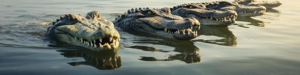Obraz premium Alligators gliding in a row across the waters surface, a prehistoric scene in the modern world