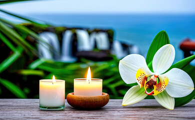 Fototapeta na wymiar Spa fresh orchid flowers candle morning very bright light with ocean