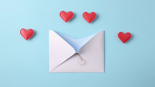 Flat lay mock up photo image of lovely cupid pins with red and white hearts envelope on pastel blue table backdrop
