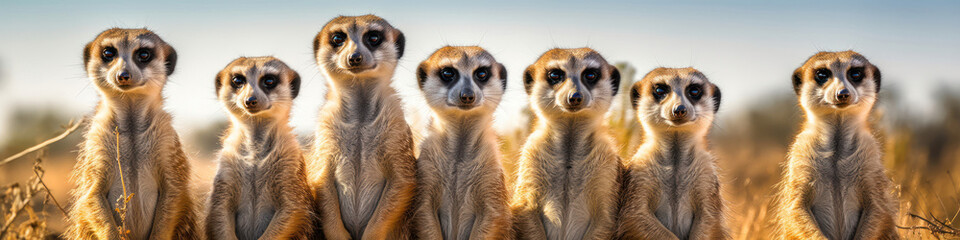 Meerkats standing tall in a row,  their vigilant postures enhancing their watchful nature