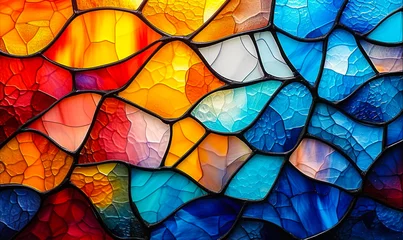 Tapeten Befleckt Colorful abstract stained glass pattern with a vibrant mosaic of interconnected shapes in varying shades of blue, orange, and yellow