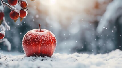 A red apple in a snowy backdrop with a big copy space, Generative AI.