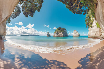 Panoramic image of Cathedral Cove beach in summer