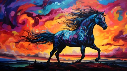 Spectacular Silhouette: Rearing Horse Against a Vibrant Sky - A Captivating Display of Equine Grace and Nature's Palette