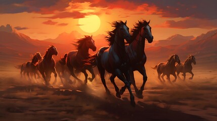 Experience the Majesty: A Stunning Herd of Horses Galloping in a Sun-Drenched Plain - Unleash the Beauty of Equine Freedom
