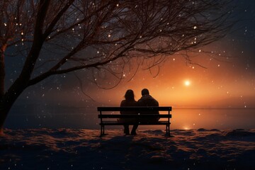 A couple sitting outdoors on a bench and watching sunset - obrazy, fototapety, plakaty