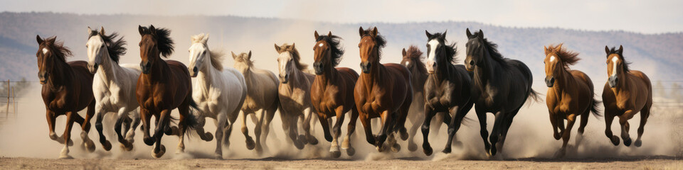 A parade of horses in perfect alignment,  their powerful strides echoing the spirit of freedom