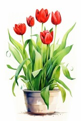 Red tulips isolated on white background watercolor.
