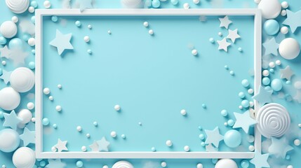 Independence Day Celebration with Top-View Party Accessories, Stars, and Shiny Confetti on a Delightful Pastel Blue Background. Adorned with a Vacant Frame, Perfect for Text or Ad Placement.