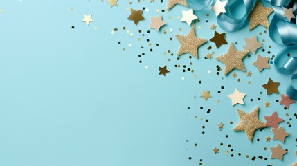 Independence Day Celebration with Top-View Party Accessories, Stars, and Shiny Confetti on a Delightful Pastel Blue Background. Adorned with a Vacant Frame, Perfect for Text or Ad Placement.