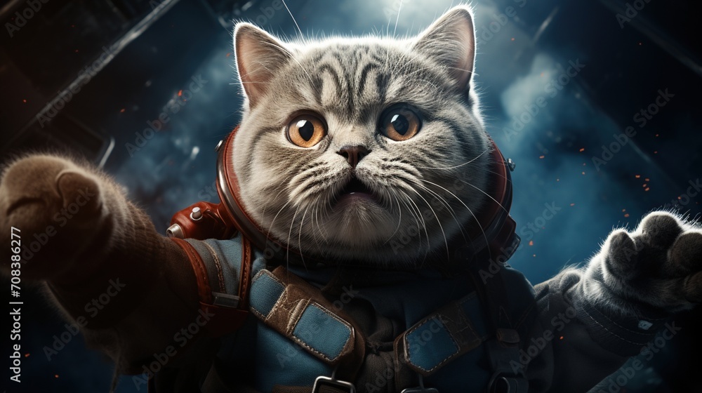 Poster a cute cat wearing a spacesuit is floating in space
