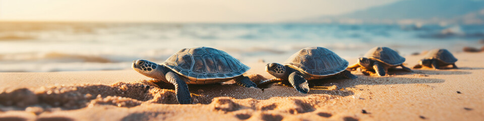 A row of turtles slowly making their way across the beach,  a serene and timeless scene - obrazy, fototapety, plakaty