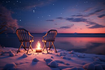 A romantic candle light dinner table outdoors on a beach during sunset
