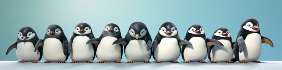 Penguins waddling in a cute and comical row,  their synchronized steps enhancing their adorable charm