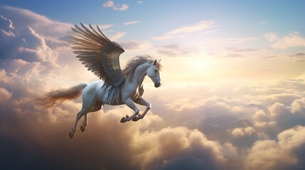 Ethereal Equestrian: Mystical Horse with Wings Soaring Above Clouds - Unleash the Magic in this Enchanting Equine Fantasy - obrazy, fototapety, plakaty