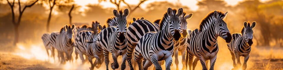 Zebras trotting across the African savannah,  their black and white stripes creating a mesmerizing pattern