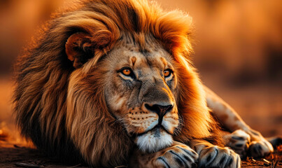 Intense gaze of a majestic lion resting on the savannah, his mane framing a face full of power and...