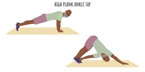Senior man doing high plank ankle tap exercise