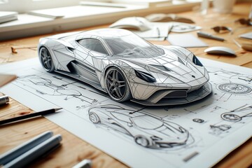 3d pencil drawing of a concept supercar on a design on a desk - obrazy, fototapety, plakaty