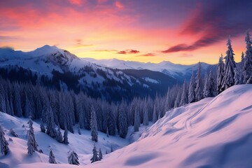 sun rise over winter mountains and palm trees