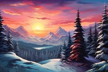 sun rise over winter mountains and palm trees