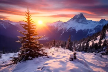 Fotobehang sun rise over winter mountains and palm trees © ArtistUsman