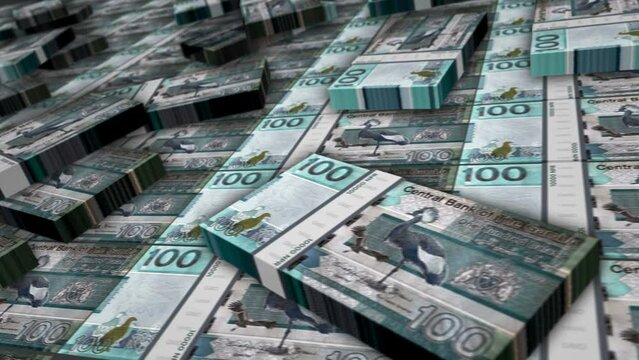 Gambia money Gambian dalasis banknote bundle loop. 100 GMD money stacks. Concept of business, economy, banking and finance. Camera over cash packs loopable seamless 3d.