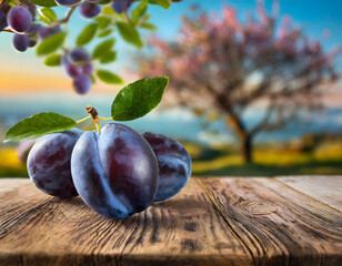 Plums on a wooden table with a plum tree in the background