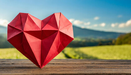 Red polygonal paper heart, origami style, origami countryside background