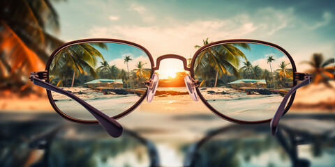 destination tropical scene in glasses reflec, AI Generative. - obrazy, fototapety, plakaty