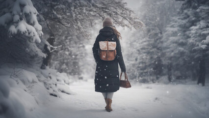 雪降りに帰宅する女性の後ろ姿B
