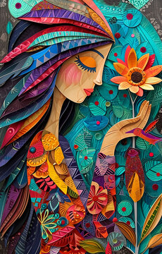 Illustrated woman Portrait in cubism art Style, Colorful Mosaic 