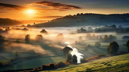 Misty sunrise over the English countryside