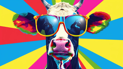 Wow pop art cow face. Cow with colorful glasses pop art background. Animals characters	